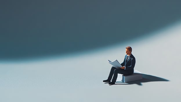 Caucasian man in a suit sits on a white block reading a document photo