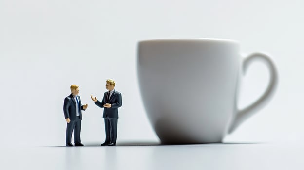 Two tiny figures converse next to an oversized white coffee mug with a bright backdrop photo