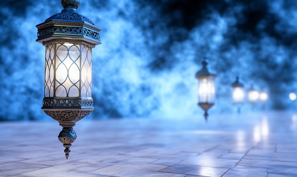 Ornate lanterns softly lit path with decorative pattern and blue ambient light photo