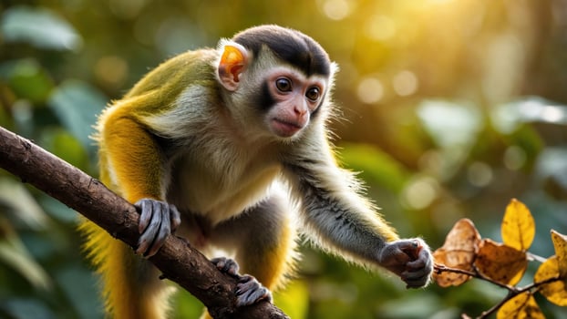 Playful monkey perched on a branch in a lush green forest, with sunlight filtering through leaves photo