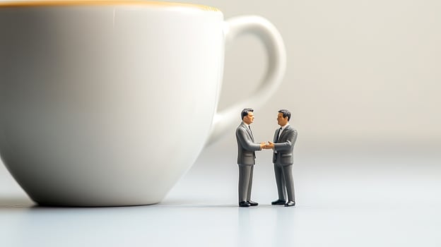 Two miniature businessmen are shaking hands together in front of a giant cup photo