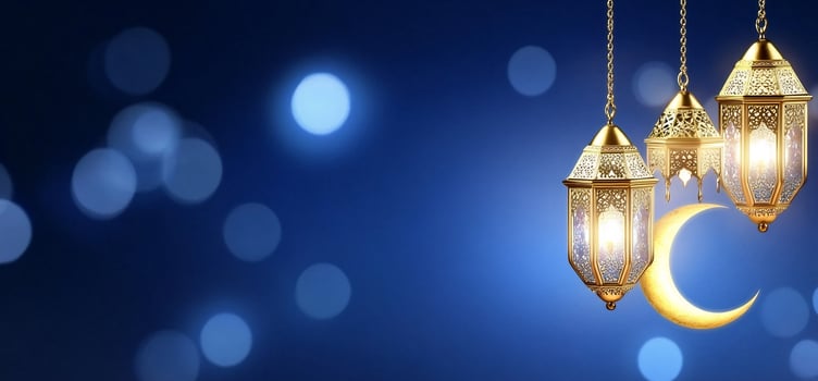 Decorative lanterns and crescent moon on blue gradient background with bokeh lights photo