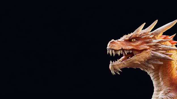 Orange and gold dragon head detailed 3 d render against black backdrop photo