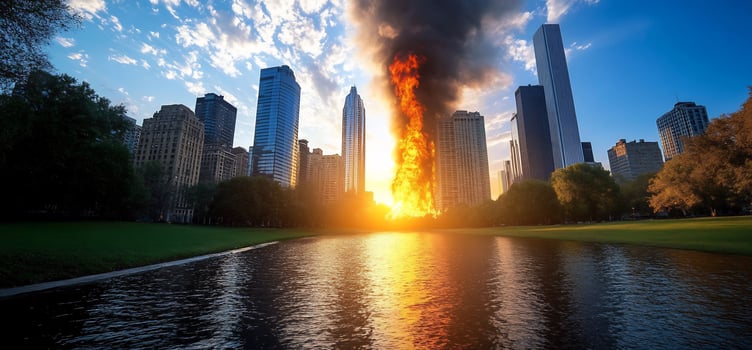 Urban skyline reflecting on water with rising smoke near buildings photo
