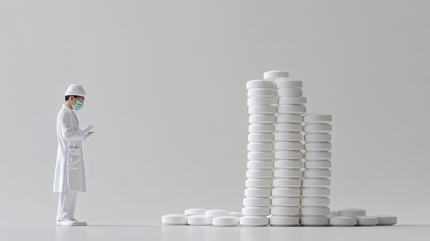 Masked doctor examines tablet pile, creating a rising graph indicating success, all on a white background photo