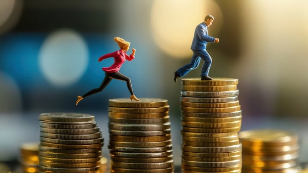 Businesswoman and businessman figurines running across coin stacks showcase competition and financial growth photo