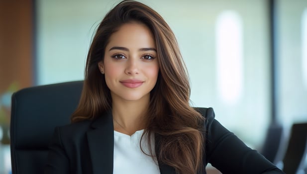 Professional brunette woman portrait in modern office setting with soft lighting photo