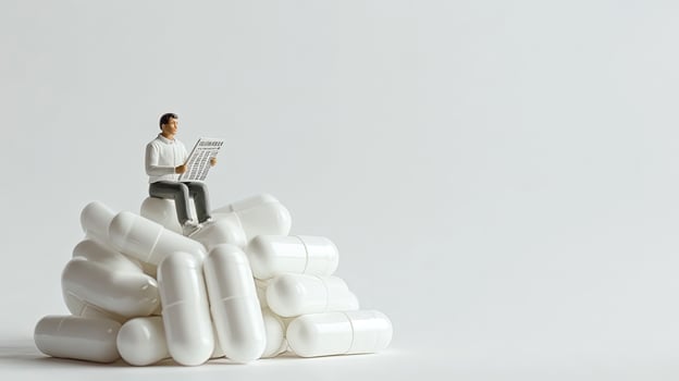 Miniature man casually reads newspaper atop a heap of giant white capsule pills against a clean background photo