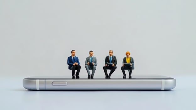 Four miniature business people sit atop a modern silver smartphone looking thoughtful against a white background photo