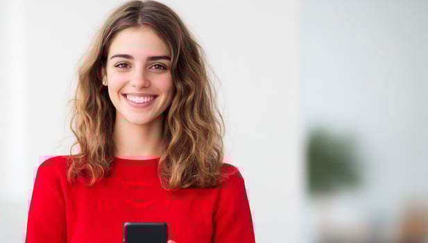 Smiling woman holding smartphone mobile communication technology photo
