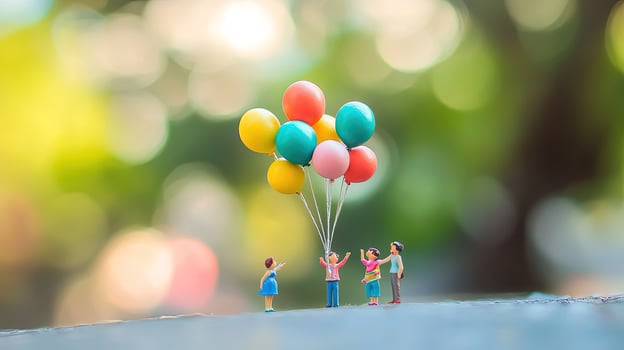 Miniature children look at the vibrant balloons held by a classmate in natural lighting photo