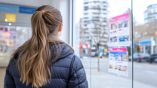 Woman looking at housing posters in window display with city view photo