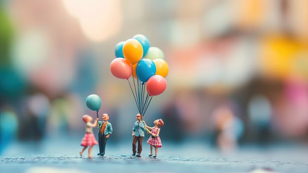 Miniature Caucasian adults with colorful balloons share happy moments along the street celebrating a party photo