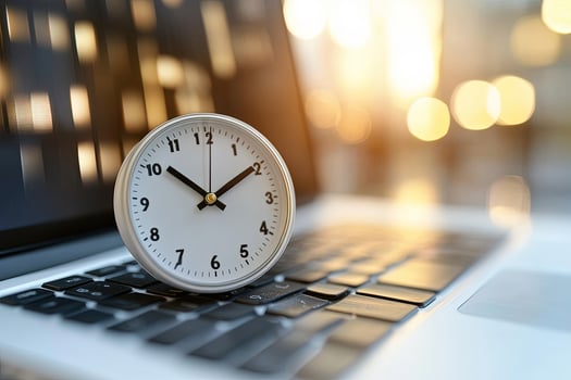 Analog clock resting on open laptop against blurred lights shows the fleeting nature of time photo