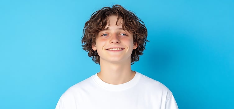 Smiling young man portrait against blue background in studio lighting photo
