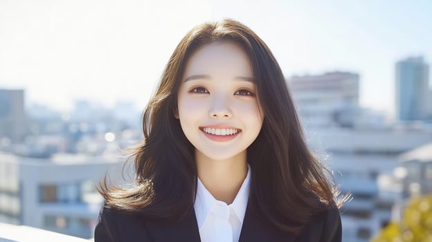 Smiling business woman portrait in city outdoor light photo