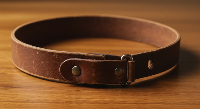 A brown leather bracelet on a wooden table photo