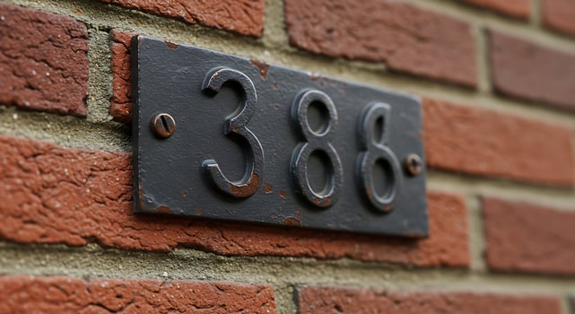 Rusted House Number 388 on Brick Wall. photo