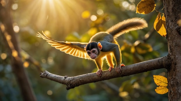 Squirrel monkey gracefully balancing on a branch in a sunlit forest, surrounded by vibrant foliage photo