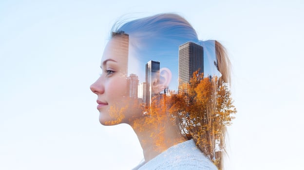 Woman profile with cityscape double exposure autumn trees blend concept photo