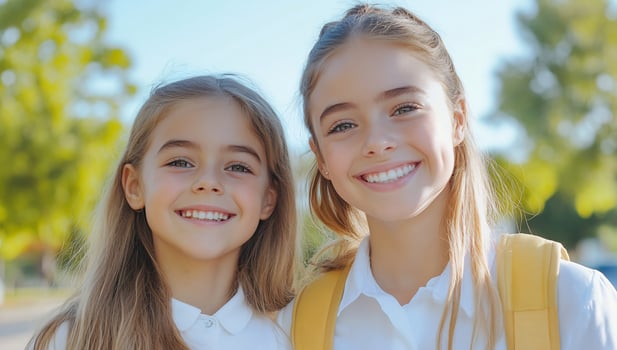 Two smiling girls portrait outdoors on a sunny day youth and friendship educational concept photo