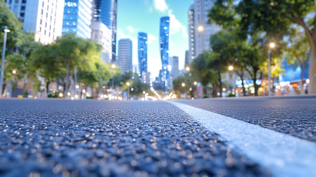 City street with asphalt road and high buildings photo
