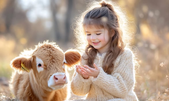 Girl with highland calf in sunlight field friendship photo