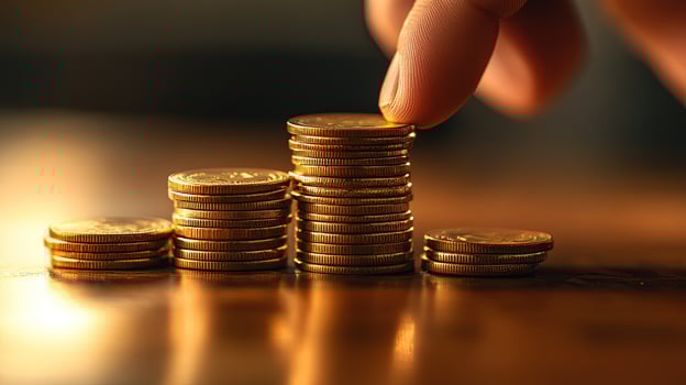 A finger gently touches the top of a tall stack of gold coins indoors photo