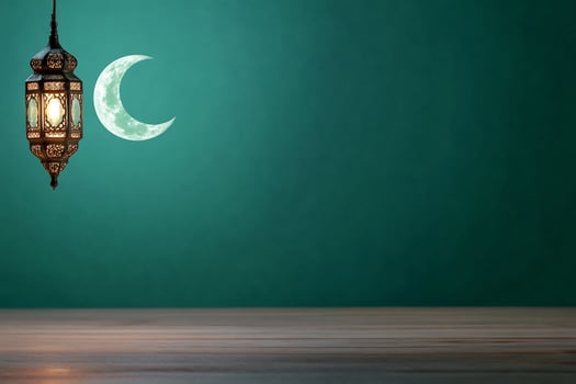 Decorative lantern with moon crescent on teal background for cultural or festive designs photo