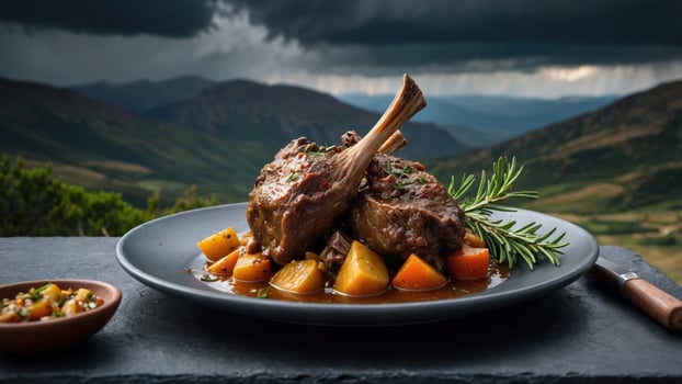 A beautifully plated lamb dish with vegetables on a dark plate, set against a dramatic mountain backdrop photo