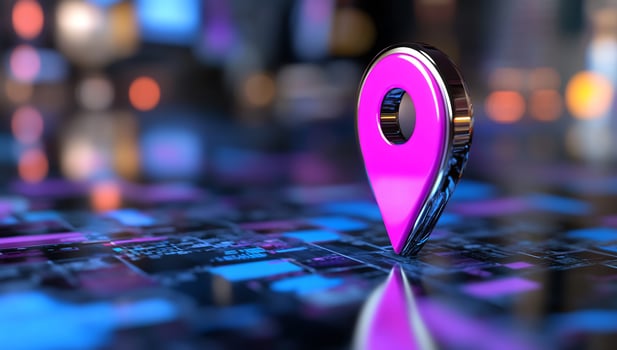 Digital location pin on abstract network technology background photo