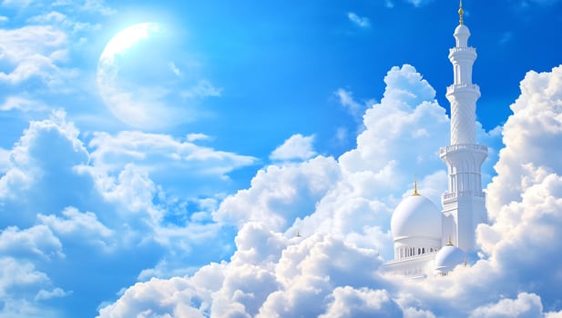 White tower rising through clouds against a blue sky architectural dream photo