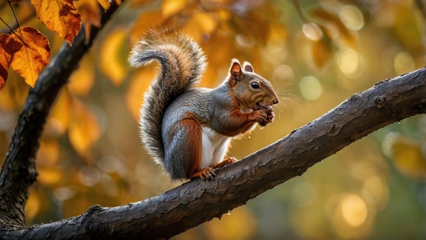 Squirrel perched on a branch amidst autumn foliage, enjoying a nut with a blurred background photo