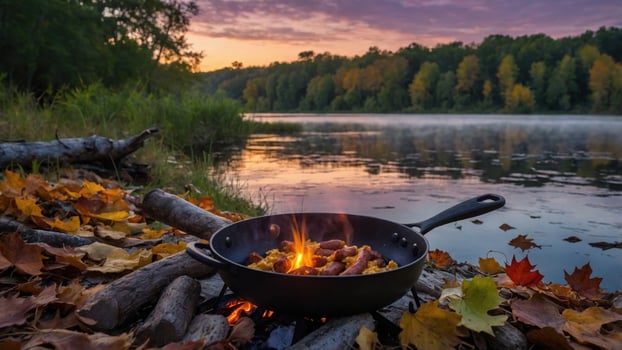 Cooking sausages over a campfire by a serene river at sunset, surrounded by autumn foliage photo