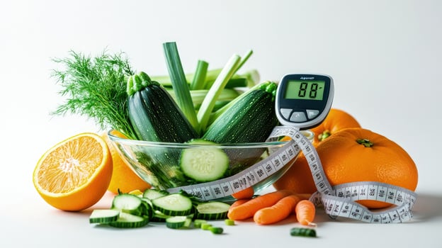 Measuring tape encircles fruits and vegetables including zucchini, leeks, and oranges with a monitor on a white background photo