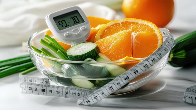 Clear bowl with oranges, zucchini, scallions, and a calorie counter surrounded by measuring tape photo