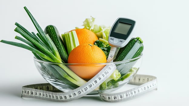 Oranges and zucchini rest inside a clear bowl, next to a glucometer and measuring tape photo