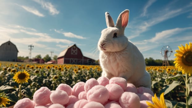 A fluffy white rabbit sitting on a pile of pink cotton candy in a vibrant sunflower field near a farm photo