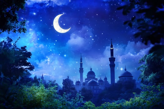 Tranquil night scene with crescent moon stars and architectural silhouette background photo