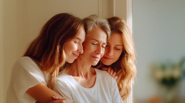 Three generations of women embracing in tender family moment. Mother, daughter and grandmother showing love and connection in warm indoor portrait with natural lighting. photo