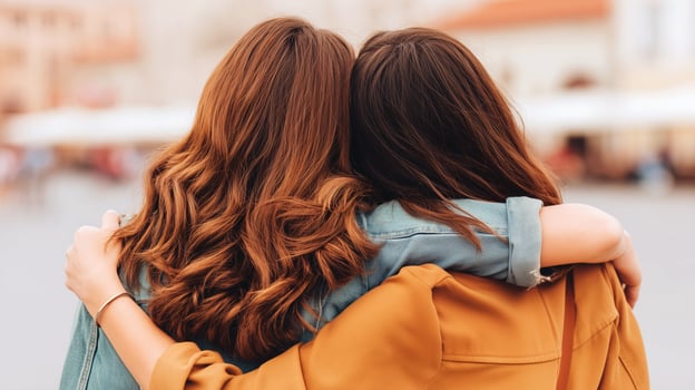 Two women friends embrace warmly from behind showing farewell or reunion moment on urban street. Emotional friendship hug with arms around shoulders displays genuine affection and sisterhood bond. photo