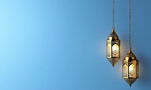 Ornate golden lanterns hanging on blue background decorative light fixtures for festive occasions photo