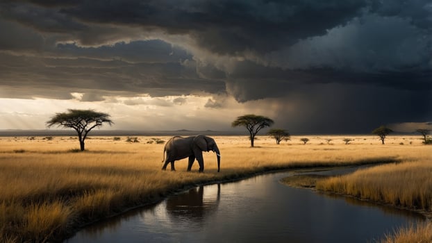 Majestic elephant grazing near a serene river under a dramatic stormy sky in a vast savanna photo