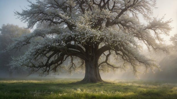 Majestic flowering tree in a misty field, surrounded by soft light and lush greenery at dawn photo