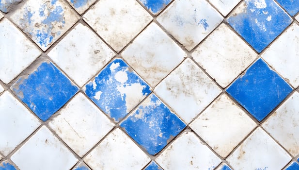 Distressed diamond tile pattern aged blue and white grid texture photo