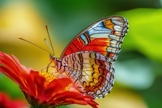 Detailed orange butterfly exhibits intricate patterns while perched on a bright red flower in nature photo