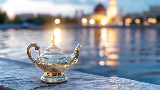 Golden lamp reflecting city lights on water surface photo