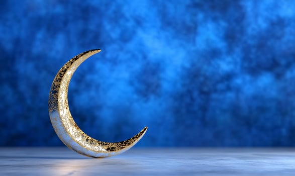Silver and gold crescent moon on blue abstract background photo