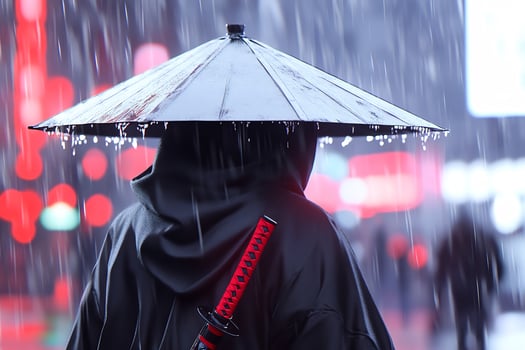 Person walking in rain with umbrella and sword on back urban night photo