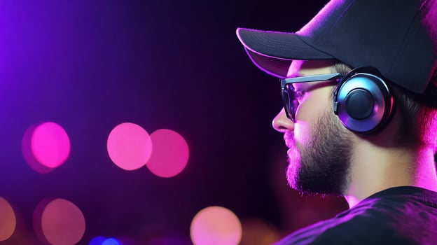 Person wearing headphones and cap listening music at night with colorful bokeh background photo